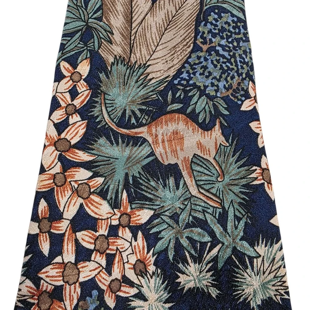 Australian Koala & Kangaroo Botanical Print Silk Necktie Blue‎ Green Handmade